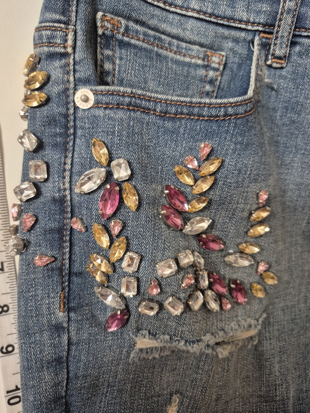 Express Embellished Blue Denim High-Rise Shorts with Pink & Gold Gems - US 4